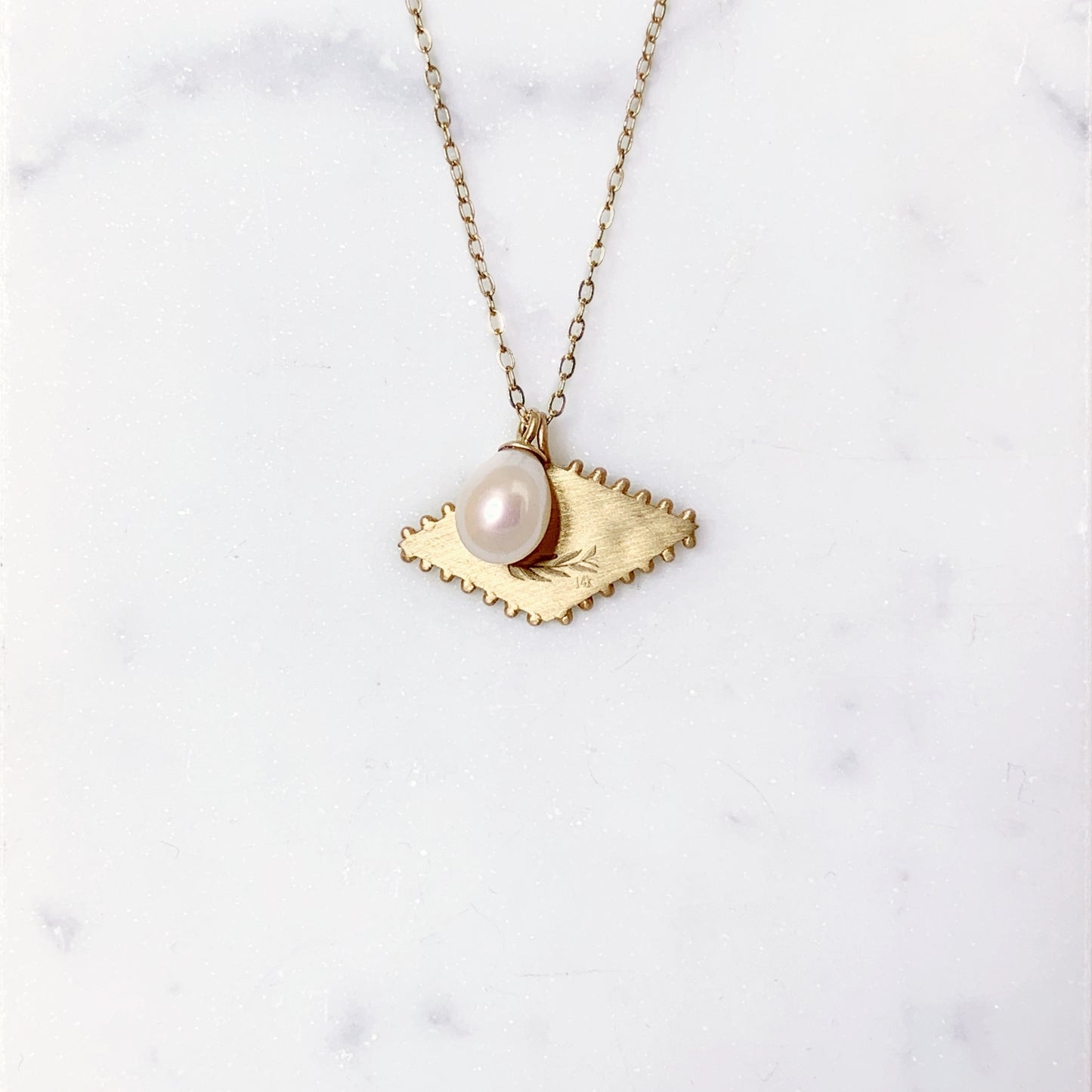 14k gold tag pendant necklace with pearl