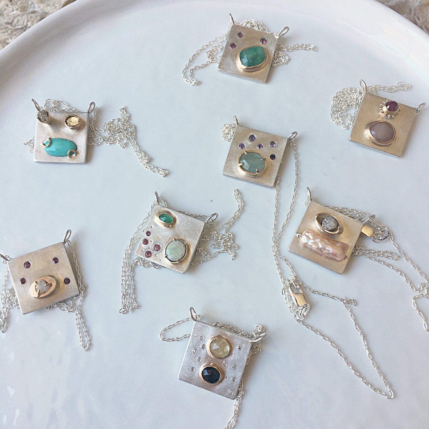Art pendant necklace with amethyst and aquamarine