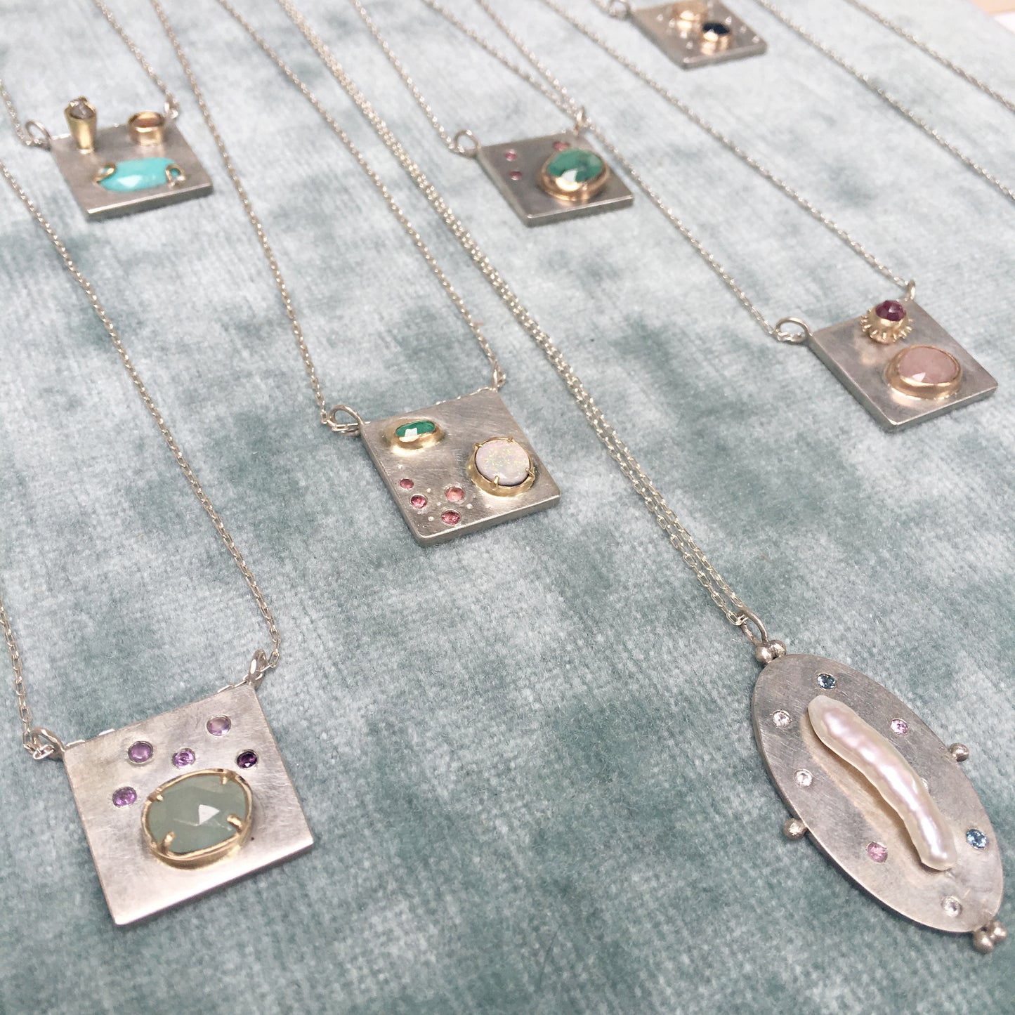 Art pendant necklace with raw diamond, tourmaline, and turquoise