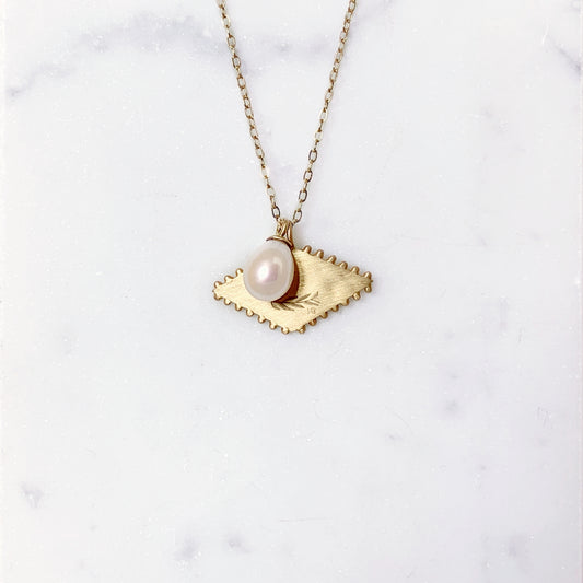 14k gold tag pendant necklace with pearl