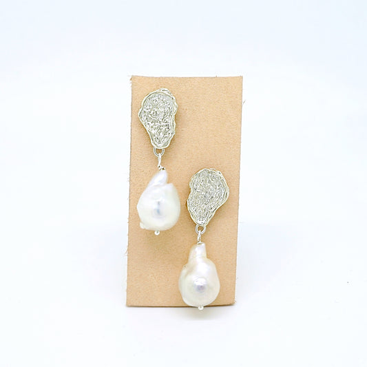 Textured nugget earring with Baroque pearls-silver