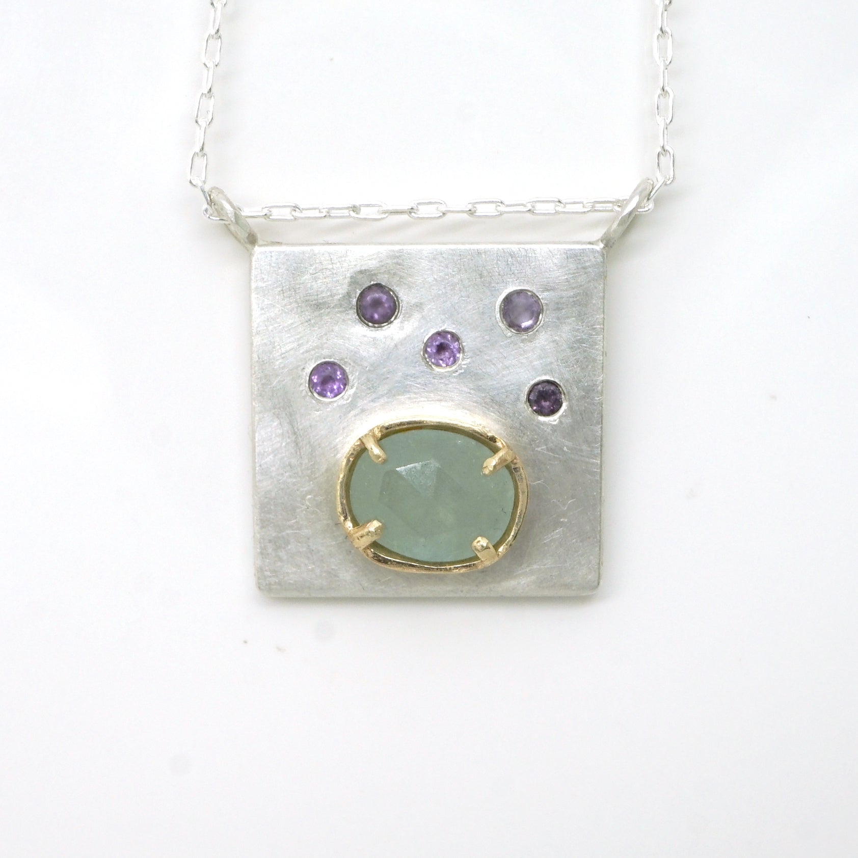 Art pendant necklace with amethyst and aquamarine