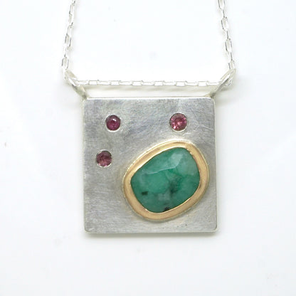 Art pendant necklace with pink tourmaline and emerald