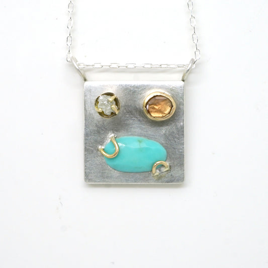 Art pendant necklace with raw diamond, tourmaline, and turquoise