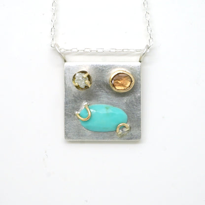 Art pendant necklace with raw diamond, tourmaline, and turquoise