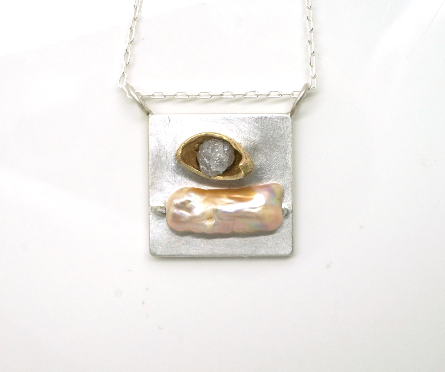 Art pendant necklace with raw diamond and pearl