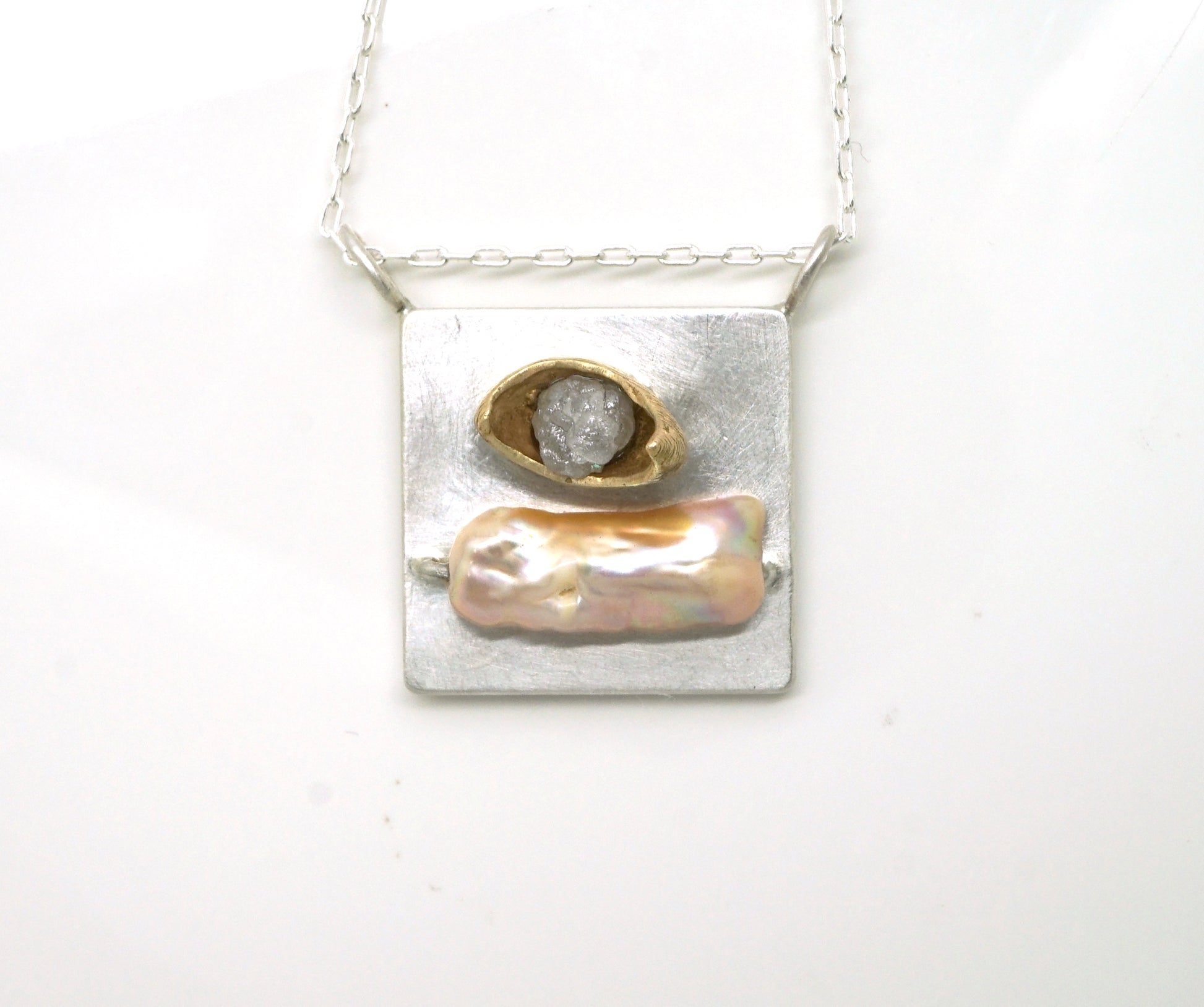 Art pendant necklace with raw diamond and pearl