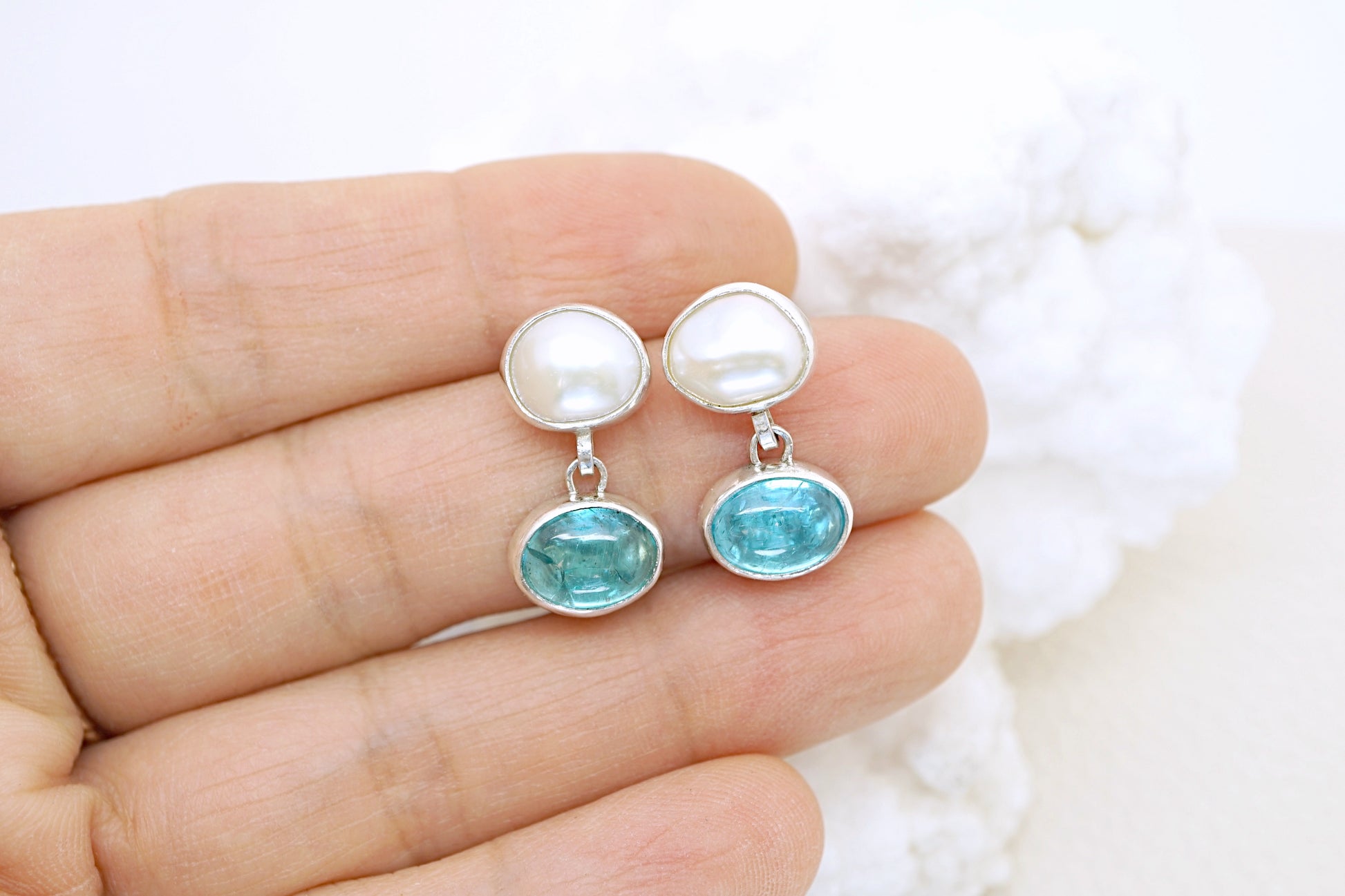 Apatite and pearl earrings
