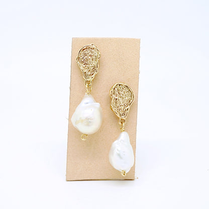 Textured Nugget earrings with Baroque Pearls-gold